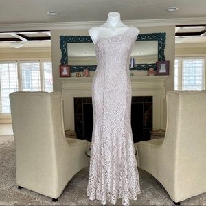 R & M Richards One Shoulder Lace Evening Gown